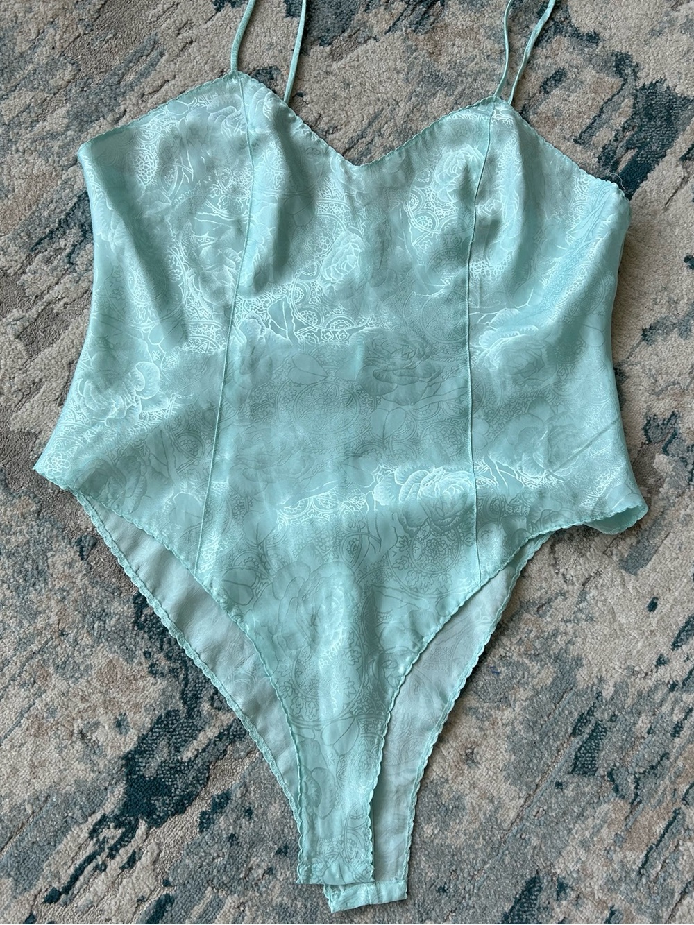 Mint Green Floral Jacquard Satin Teddy Bodysuit